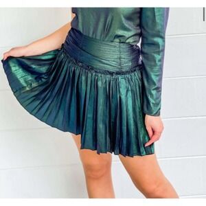 Current Air Metallic Pleated Mini Skirt Green Ruched Waist Side Zip Womens Large